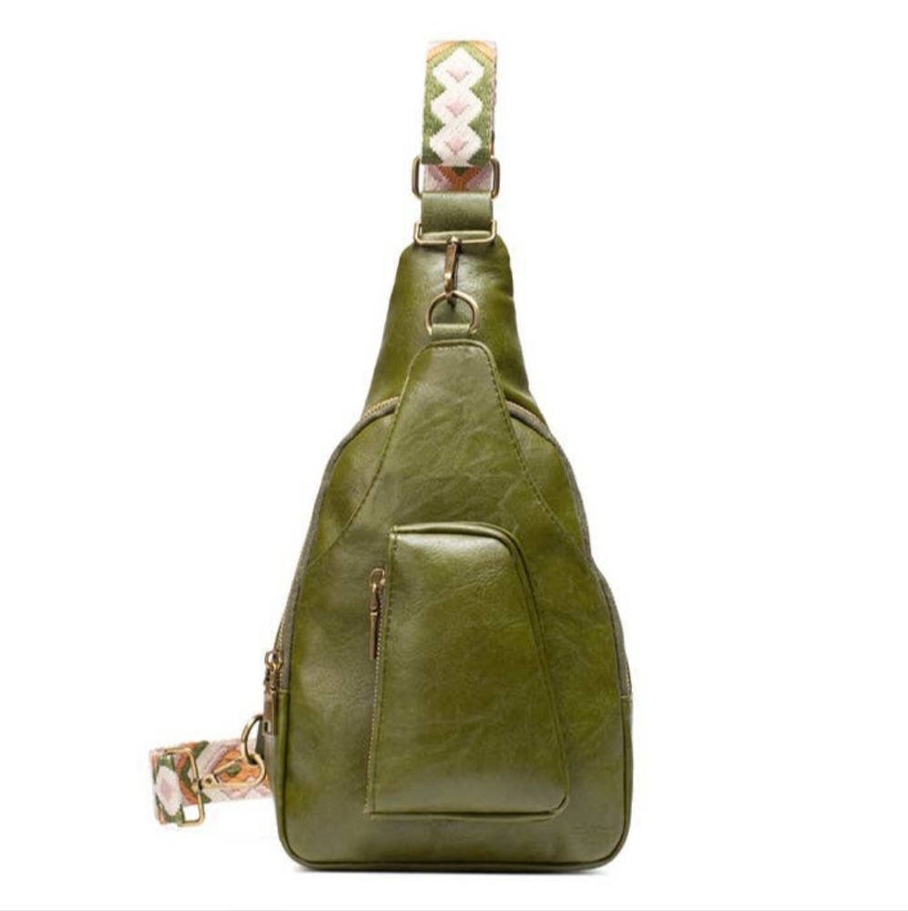 Embroidered strap leather sling crossbody bag